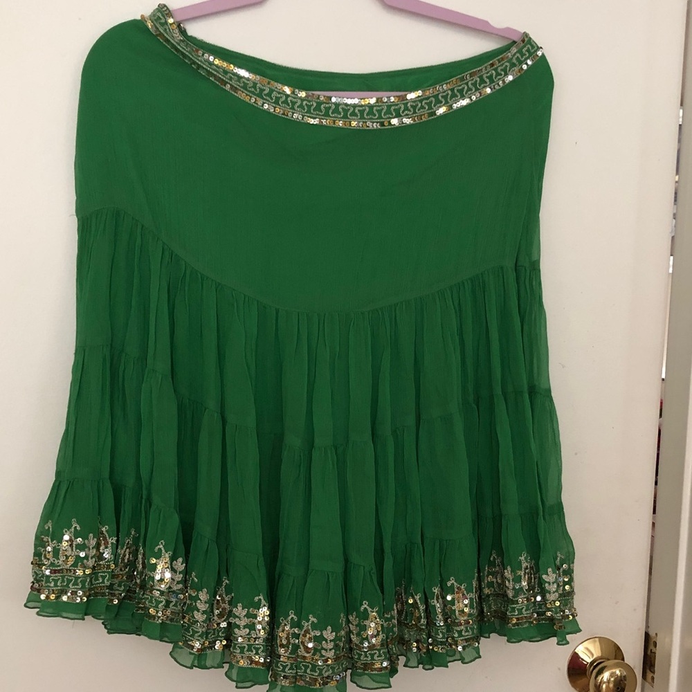 Central Park West Green Embellished Tiered Skirt